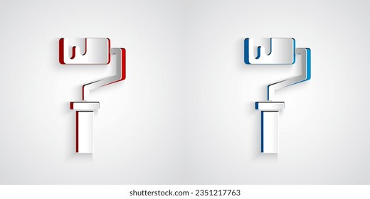 Paper cut Paint roller brush icon isolated on grey background. Paper art style. Vector