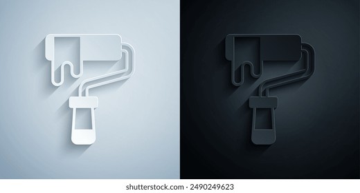 Icono de pincel de rodillo de pintura aislado sobre fondo gris y negro. Estilo de arte de papel. Vector