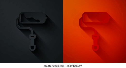 Paper cut Paint roller brush icon isolated on black and red background. Paper art style. Vector
