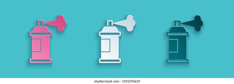 Paper cut Paint spray can icon isolated on blue background. Paper art style. Vector