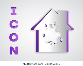 Paper cut Painting the house icon isolated on grey background. Paper art style. Vector
