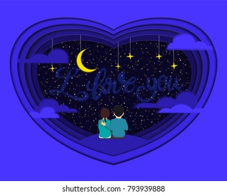  Paper cut. A pair of lovers sits on the grass and stares at the sky at the stars. style - clipping. concept of love. Valentine's Day.  i love you postcard, poster, banner.