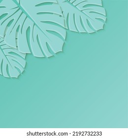 Paper cut palm leaf. Blue palm leaves on blue background. Paper art design. Vector illustration.