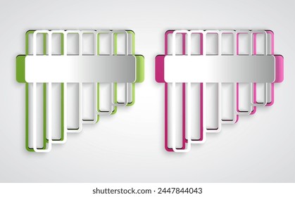 Paper cut Pan flute icon isolated on grey background. Traditional peruvian musical instrument. Folk instrument from Peru, Bolivia and Mexico. Paper art style. Vector