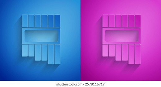 Paper cut Pan flute icon isolated on blue and purple background. Traditional peruvian musical instrument. Zampona. Folk instrument from Peru, Bolivia and Mexico. Paper art style. Vector