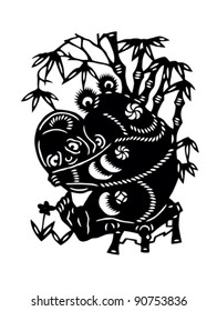 Paper cut of panda bear looking in mirror (vector)