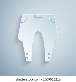 Paper cut Pants icon isolated on grey background. Paper art style. Vector Illustration