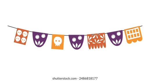 Paper cut papel picado flags vector flat illustration. Colorful hanging garland decorated with skull and flowers bunting flags. Dia de los muertos Mexican holiday. Day of the dead festival decoration