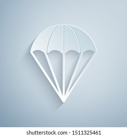 Paper cut Parachute icon isolated on grey background. Paper art style. Vector Illustration