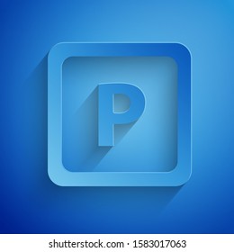 Paper cut Parking icon isolated on blue background. Street road sign. Paper art style. Vector Illustration