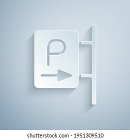 Paper cut Parking icon isolated on grey background. Street road sign. Paper art style. Vector