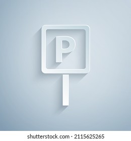 Paper Cut Parking Icon Isolated On Grey Background. Street Road Sign. Paper Art Style. Vector