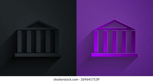 Paper cut Parthenon from Athens, Acropolis, Greece icon isolated on black on purple background. Greek ancient national landmark. Paper art style. Vector