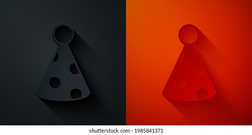 Paper cut Party hat icon isolated on black and red background. Birthday hat. Paper art style. Vector