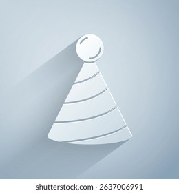 Paper cut Party hat icon isolated on grey background. Birthday hat. Paper art style. Vector