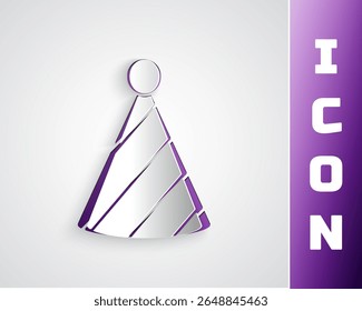 Paper cut Party hat icon isolated on grey background. Birthday hat. Paper art style. Vector