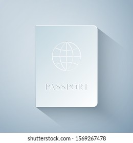 Paper cut Passport with biometric data icon isolated on grey background. Identification Document. Paper art style. Vector Illustration