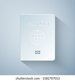 Paper cut Passport with biometric data icon isolated on grey background. Identification Document. Paper art style. Vector Illustration