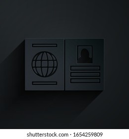 Paper cut Passport with biometric data icon isolated on black background. Identification Document. Paper art style. Vector Illustration