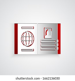 Paper cut Passport with biometric data icon isolated on grey background. Identification Document. Paper art style. Vector Illustration
