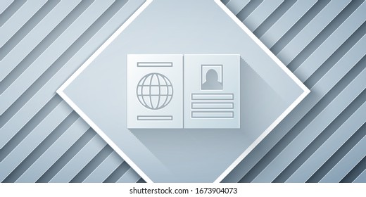 Paper cut Passport with biometric data icon isolated on grey background. Identification Document. Paper art style. Vector Illustration