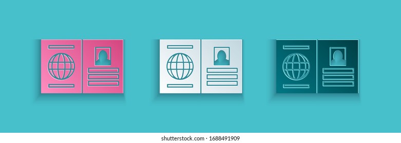 Paper cut Passport with biometric data icon isolated on blue background. Identification Document. Paper art style. Vector Illustration