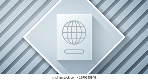 Paper cut Passport with biometric data icon isolated on grey background. Identification Document. Paper art style. Vector Illustration