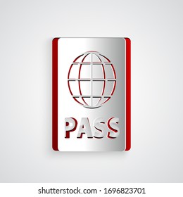 Paper cut Passport with biometric data icon isolated on grey background. Identification Document. Paper art style. Vector Illustration