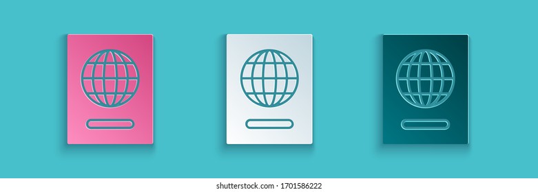 Paper cut Passport with biometric data icon isolated on blue background. Identification Document. Paper art style. Vector Illustration