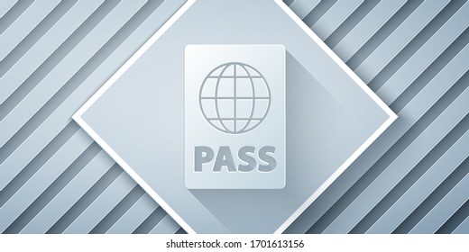 Paper cut Passport with biometric data icon isolated on grey background. Identification Document. Paper art style. Vector Illustration