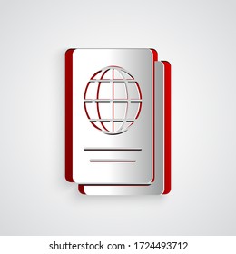 Paper cut Passport with biometric data icon isolated on grey background. Identification Document. Paper art style. Vector Illustration