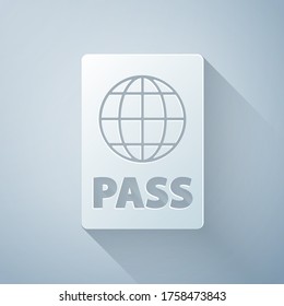 Paper cut Passport with biometric data icon isolated on grey background. Identification Document. Paper art style. Vector Illustration