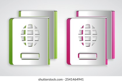 Pasaporte de corte de papel con icono de datos biométricos aislados sobre fondo gris. documento de Identificación. Estilo de arte de papel. Vector