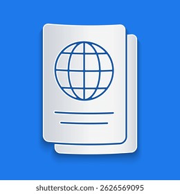 Paper cut Passport with biometric data icon isolated on blue background. Identification Document. Paper art style. Vector Illustration