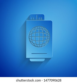 Paper cut Passport with ticket icon isolated on blue background. Identification Document. Concept travel and tourism. Paper art style. Vector Illustration