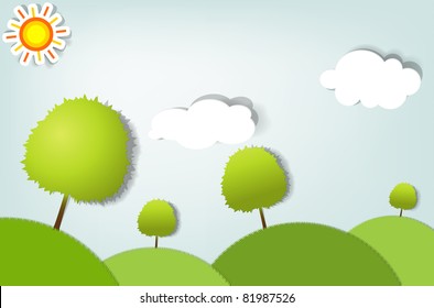 Paper cut pastoral landscape. Vector image