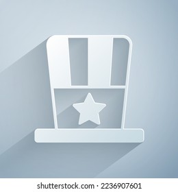 Paper cut Patriotic American top hat icon isolated on grey background. Uncle Sam hat. American hat independence day. Paper art style. Vector