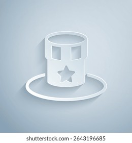 Paper cut Patriotic American top hat icon isolated on grey background. Uncle Sam hat. American hat independence day. Paper art style. Vector