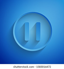 Paper cut Pause button icon isolated on blue background. Paper art style. Vector Illustration