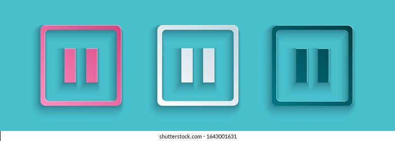 Paper cut Pause button icon isolated on blue background. Paper art style. Vector Illustration