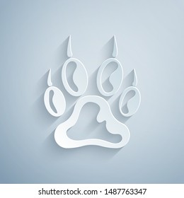 Paper cut Paw print icon isolated on grey background. Dog or cat paw print. Animal track. Paper art style. Vector Illustration