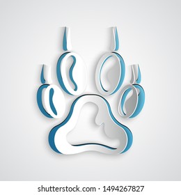 Paper cut Paw print icon isolated on grey background. Dog or cat paw print. Animal track. Paper art style. Vector Illustration