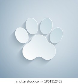 Paper cut Paw print icon isolated on grey background. Dog or cat paw print. Animal track. Paper art style. Vector