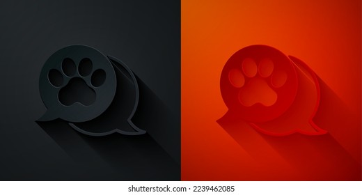 Paper cut Paw print icon isolated on black and red background. Dog or cat paw print. Animal track. Paper art style. Vector