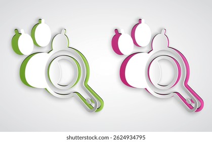 Paper cut Paw search icon isolated on grey background. Magnifying glass with animal footprints. Paper art style. Vector