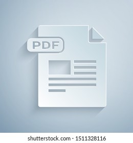 Paper cut PDF file document. Download pdf button icon isolated on grey background. PDF file symbol. Paper art style. Vector Illustration