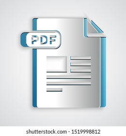 Paper cut PDF file document. Download pdf button icon isolated on grey background. PDF file symbol. Paper art style. Vector Illustration