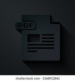 Paper cut PDF file document. Download pdf button icon isolated on black background. PDF file symbol. Paper art style. Vector Illustration
