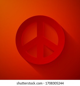 Paper cut Peace icon isolated on red background. Hippie symbol of peace. Paper art style. Vector Illustration