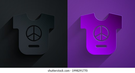 Paper cut Peace icon isolated on black on purple background. Hippie symbol of peace. Paper art style. Vector